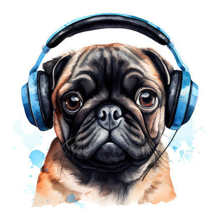 Pug dog with headphones. Watercolor illustration on white background.の素材