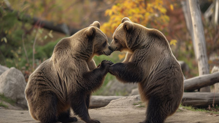 Two brown bear cubs playing with each other in the autumn forestの素材