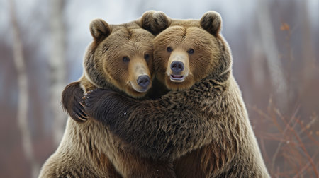 Close-up of Grizzly bears couple hugging.の素材