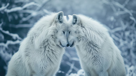 Two cute white wolves in the winter forest. Toned image.の素材