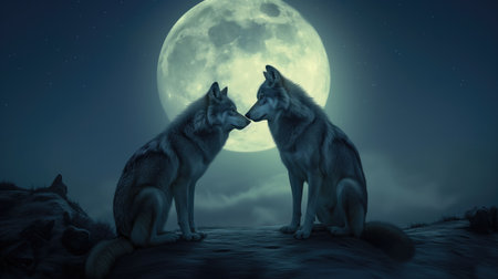 A couple of grey wolf in love,looking at each other, front of the full moon.の素材