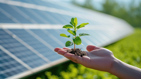 Hand holding a small green plant with a solar panel in the backgroundの素材