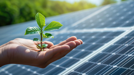 Hand holding a green plant with solar panel background, energy saving conceptの素材
