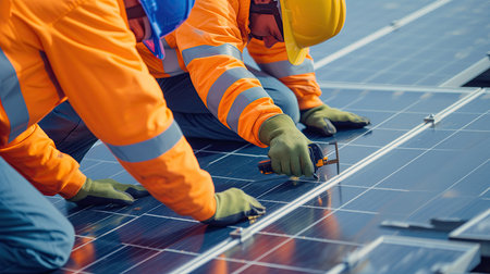 Low angle view of workers installing solar panels on the roof of a buildingの素材