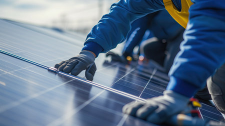 Technician maintaining solar cell panels, installing solar panels on a photovoltaic power plant.の素材