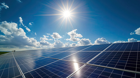Sunlight reflected on solar panels and blue sky background, photovoltaic cells.の素材