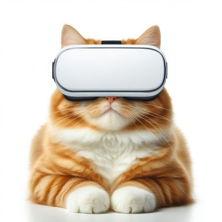 A fluffy orange tabby cat sits calmly while wearing a modern virtual reality headset, against a pure white background.の素材