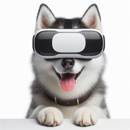Cute siberian husky dog with virtual reality headset. isolated on white background.の素材