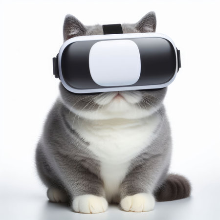 Cat wearing virtual reality headset. Isolated on white background. 3d rendering.の素材