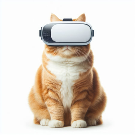 Red cat wearing a virtual reality headset, isolated on white background.の素材