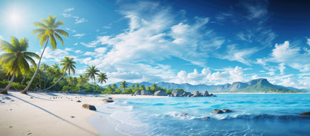 Panoramic view of Seychelles beach with palm treesの素材