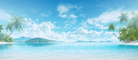 Panoramic view of sandy beach with palm trees. Summer backgroundの素材