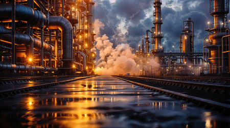 Industrial landscape with oil refinery plant at night. Refinery industryの素材
