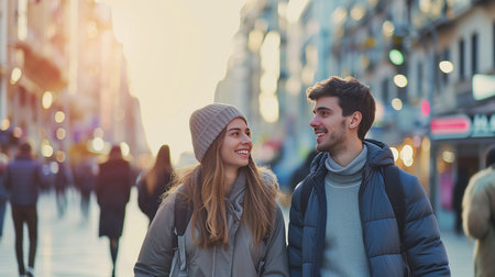 Young couple in love walking in the city at sunset. Man and woman looking at each otherの素材
