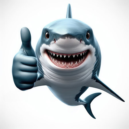Shark with thumbs up isolated on white background. 3d illustrationの素材
