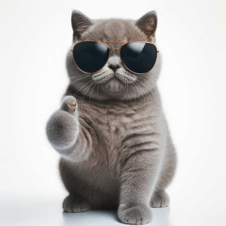 Funny cat wearing sunglasses and pointing at something, isolated on white backgroundの素材