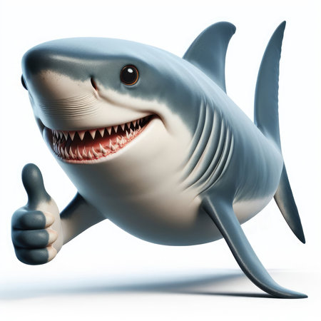 Shark with thumbs up gesture isolated on white background. 3D illustration.の素材