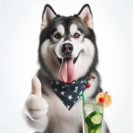 Siberian Husky dog with cocktail and lime on white backgroundの素材