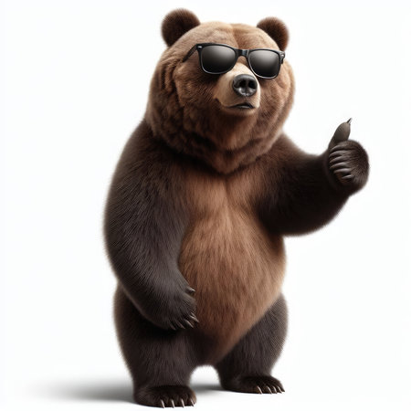 3D rendering of a brown bear wearing sunglasses isolated on white backgroundの素材