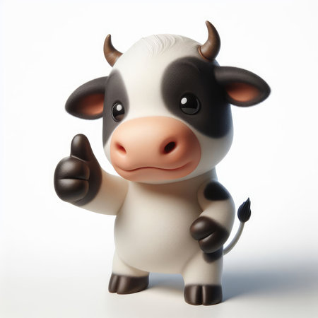 funny cow with thumbs up isolated on white background, 3d illustrationの素材