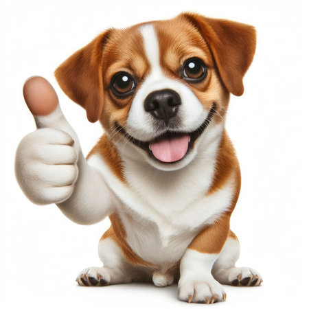 Funny dog with thumbs up. Isolated on white background.の素材
