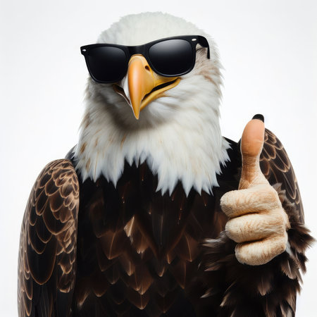 Bald Eagle with sunglasses showing thumbs up, isolated on white backgroundの素材