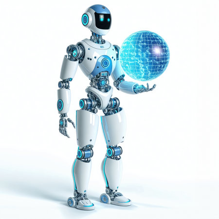 Robot with earth globe. White background.の素材