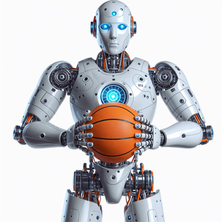 Robot with basketball. Isolated on white background. 3D rendering.の素材
