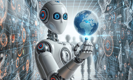 Robot humanoid with planet earth in his hand and holographic background.の素材