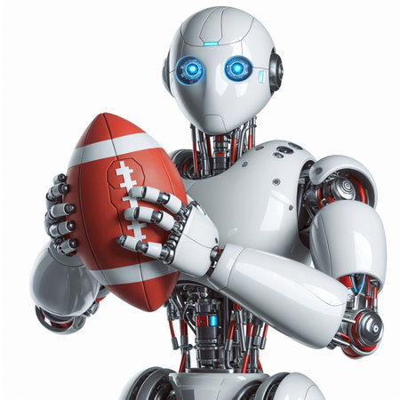 Robot with american football ball. Isolated on white background.の素材