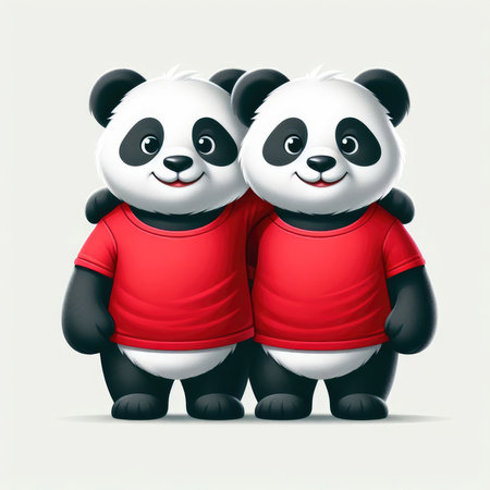 Two pandas in red blank t-shirt isolated on white background. Mockup for design and template.の素材