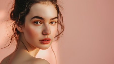 beautiful young woman with bare shoulders looking at camera isolated on pinkの素材