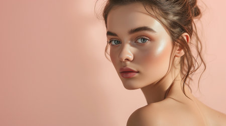 Close-up portrait of a young woman with dewy skin and a natural look, set against a soft pastel pink background.の素材