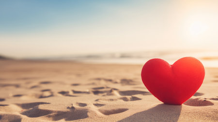 Red heart on the sand beach with sun light background. Valentines day concept.の素材