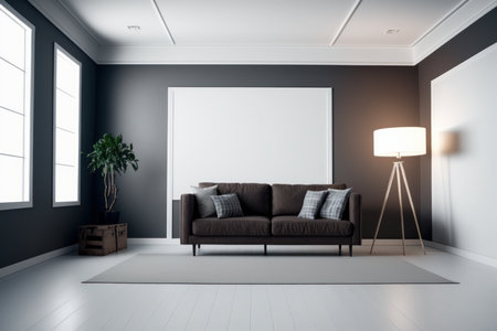 Modern living room interior with black sofa, carpet and lamp. 3D Rendering