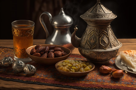 Arabic tea in a glass with nuts and dates on a wooden tableの写真素材