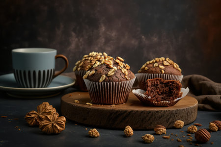 Chocolate muffins with nuts and a cup of coffee on a dark backgroundの写真素材