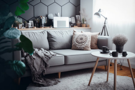 Modern living room interior with sofa, coffee table, lamp and plantsの写真素材