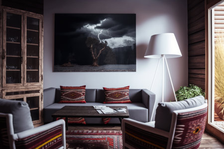 Interior of modern living room with sofa, coffee table and black lamp