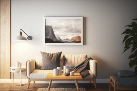 interior with sofa, coffee table and poster. 3d illustrationの写真素材