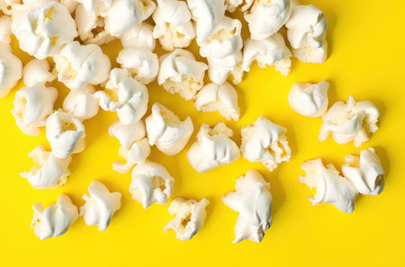 Popcorn on yellow background, top view. Popcorn background.