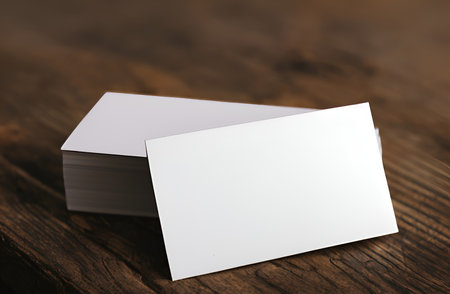 Blank business cards on wooden background. Mockup for branding identity.の写真素材