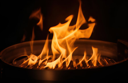Fire flames in the stove, closeup of fire flames isolated on black background