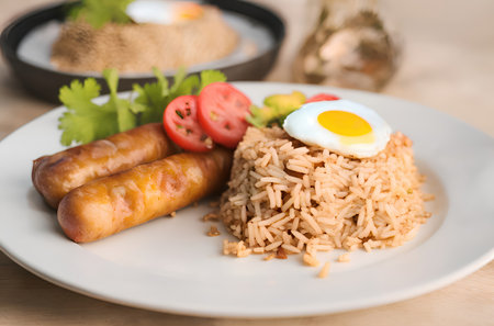 Fried rice with sausage and egg in white plate on wooden tableの写真素材