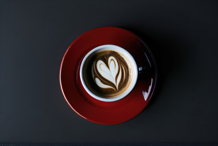 Cup of coffee with heart shape on black background, top viewの写真素材