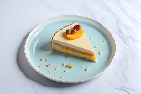 Slice of delicious orange cake on plate, on white marble tableの写真素材