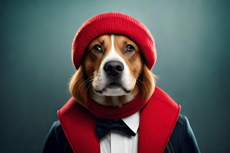 Portrait of a dog in a red hat and jacket on a blue background.の素材