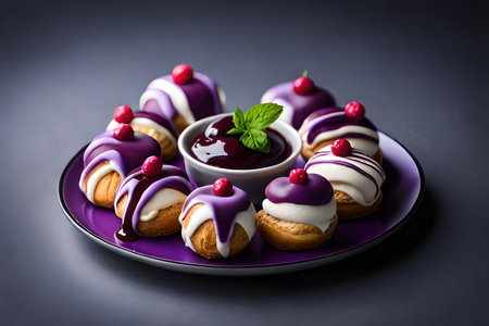 Delicious eclairs with berries and chocolate sauce on dark backgroundの写真素材