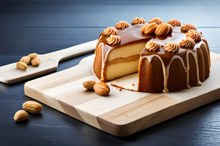 Cake with caramel glaze and nuts on a wooden background.の写真素材