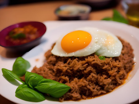 Rice with fried egg and basil on white plate, Thai foodの写真素材